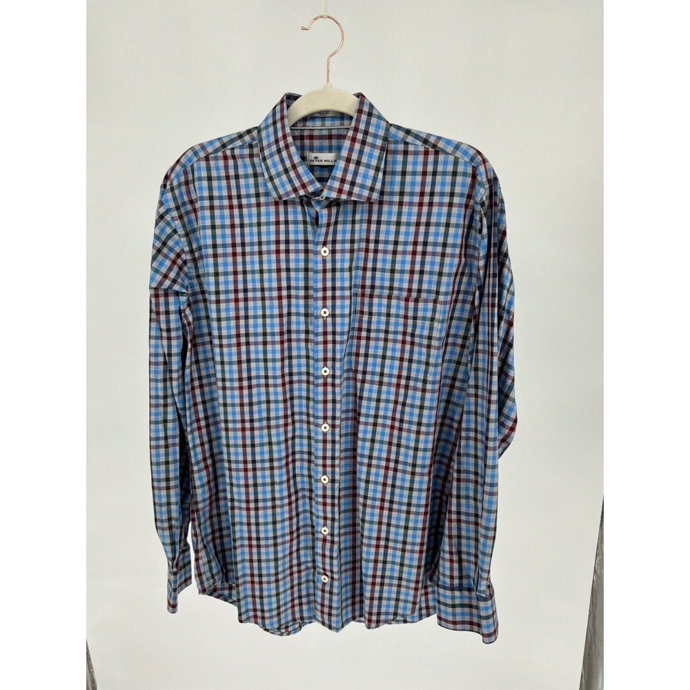Peter Millar Mens Large Blue Red Plaid Cotton Long Sleeve Button Down Shirt